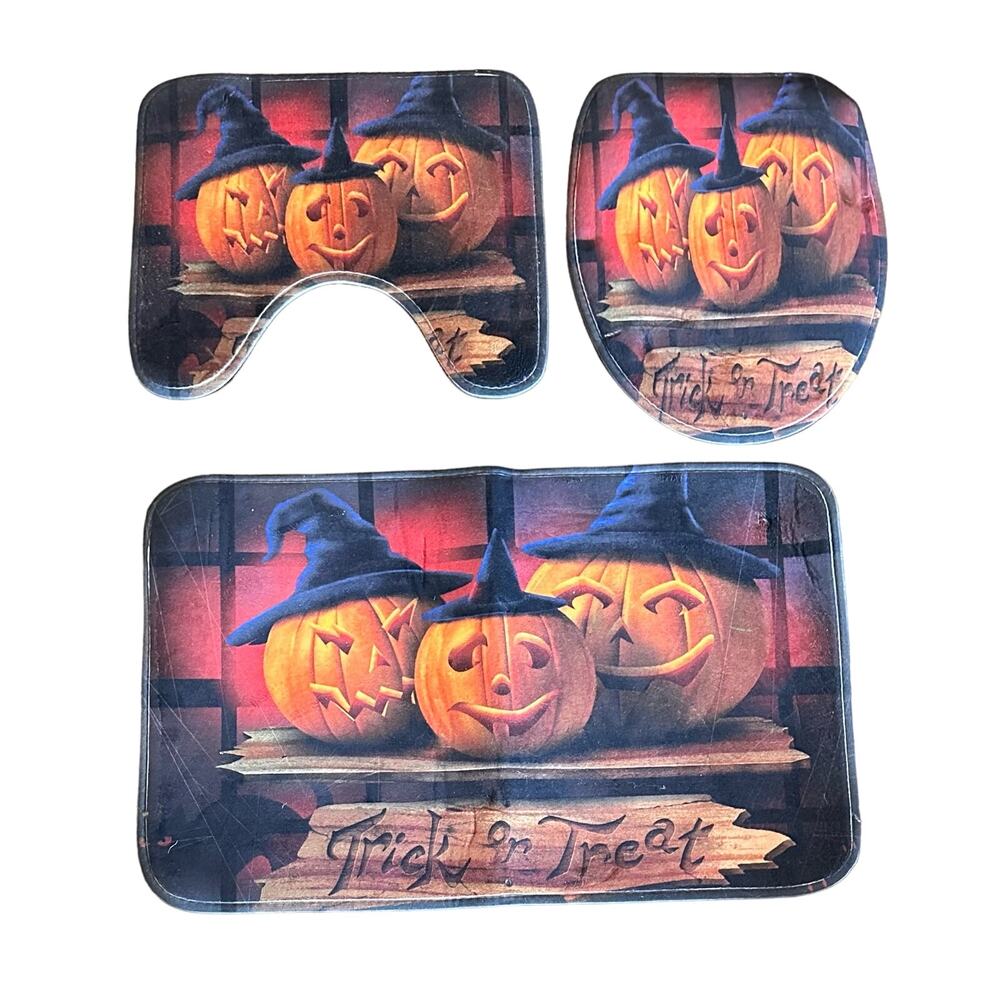 Halloween Trick -Or -Treat Pumpkin Witches Bathroom Mat Set, Toilet Cover, Rug